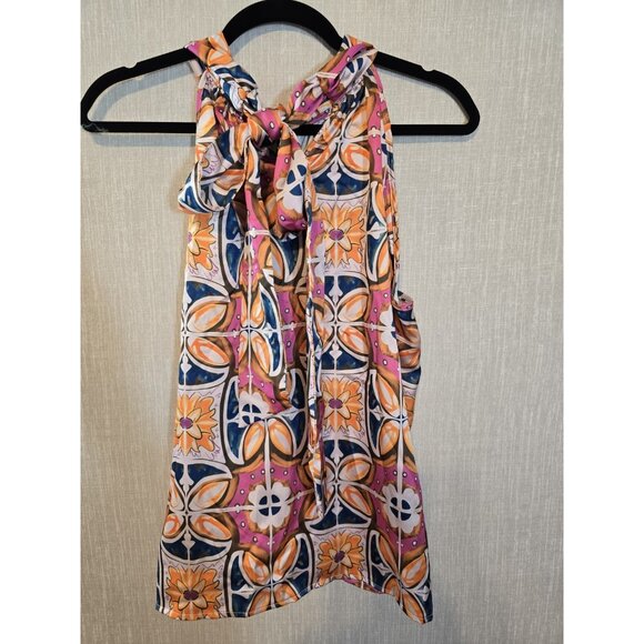 Rachel Zoe Womens Colorful Geometric print Tie Neck sleeveless Blouse Size L New - Picture 3 of 15